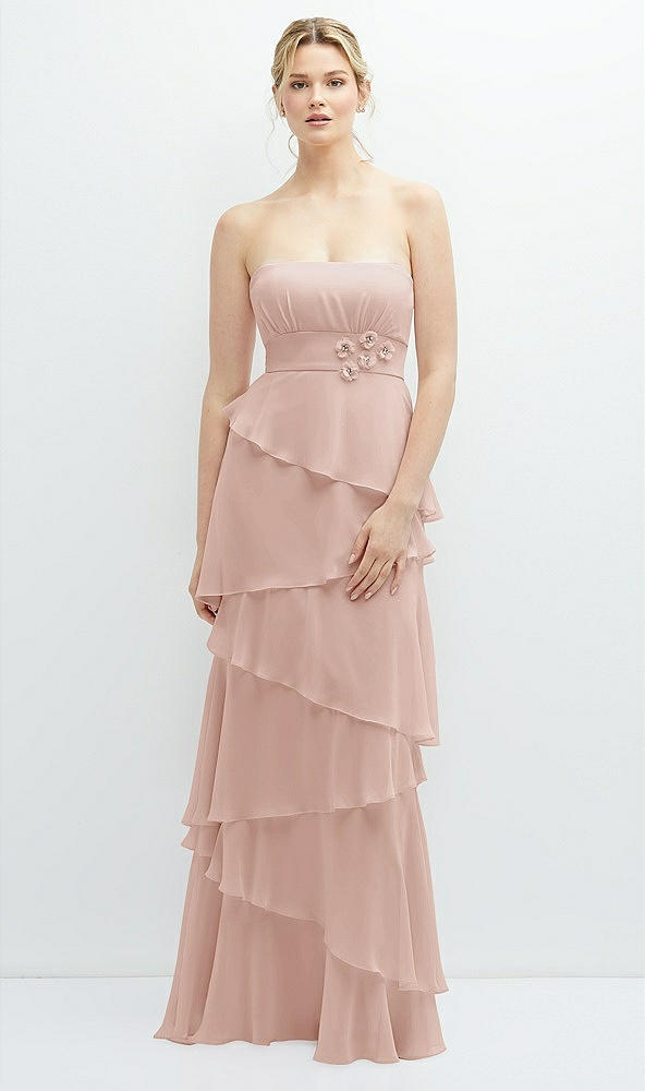 Front View - Toasted Sugar Strapless Asymmetrical Tiered Ruffle Chiffon Maxi Dress with Handworked Flower Detail
