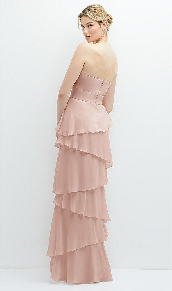 Back View - Toasted Sugar Strapless Asymmetrical Tiered Ruffle Chiffon Maxi Dress with Handworked Flower Detail