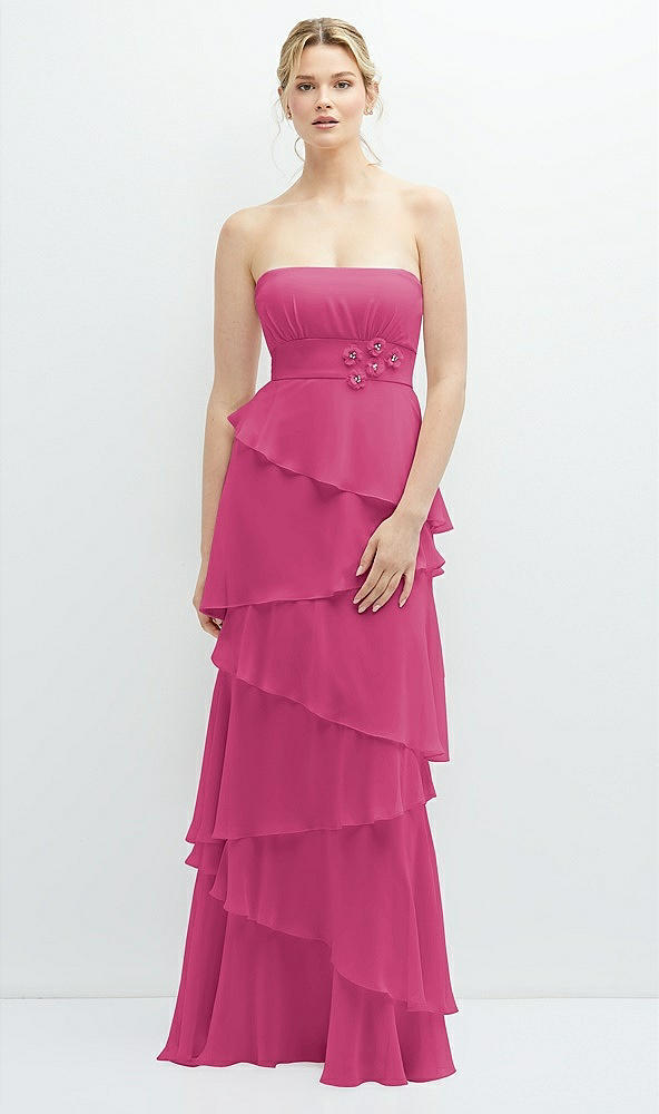 Front View - Tea Rose Strapless Asymmetrical Tiered Ruffle Chiffon Maxi Dress with Handworked Flower Detail