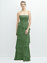 Front View Thumbnail - Vineyard Green Strapless Asymmetrical Tiered Ruffle Chiffon Maxi Dress with Handworked Flower Detail