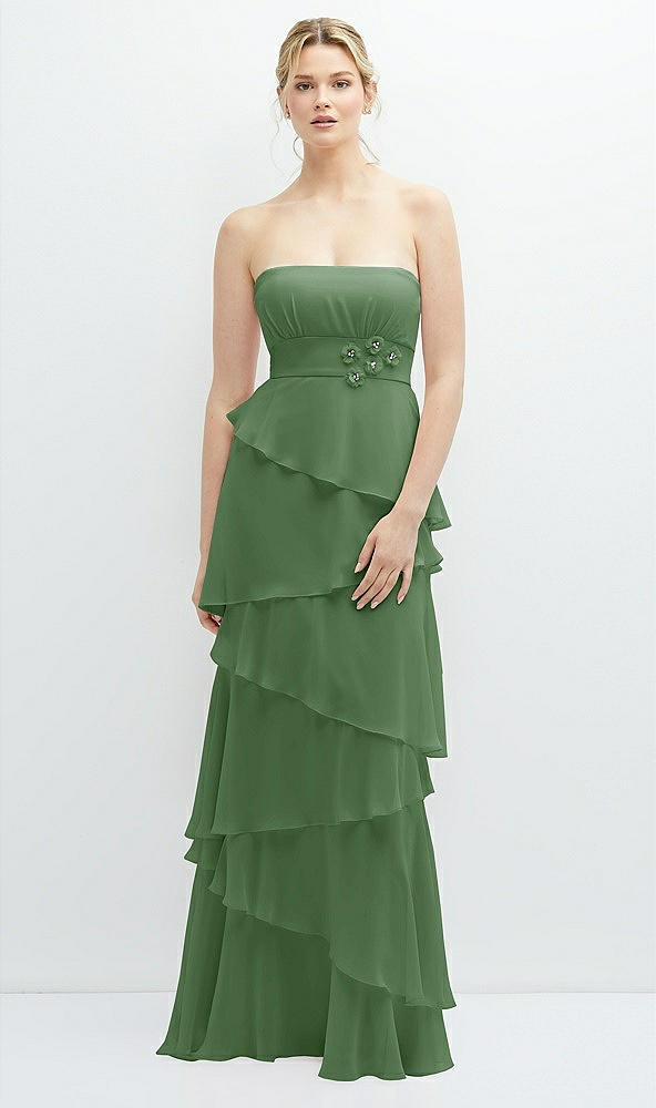 Front View - Vineyard Green Strapless Asymmetrical Tiered Ruffle Chiffon Maxi Dress with Handworked Flower Detail