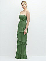 Side View Thumbnail - Vineyard Green Strapless Asymmetrical Tiered Ruffle Chiffon Maxi Dress with Handworked Flower Detail
