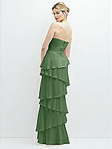 Rear View Thumbnail - Vineyard Green Strapless Asymmetrical Tiered Ruffle Chiffon Maxi Dress with Handworked Flower Detail