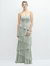 Front View Thumbnail - Willow Green Strapless Asymmetrical Tiered Ruffle Chiffon Maxi Dress with Handworked Flower Detail