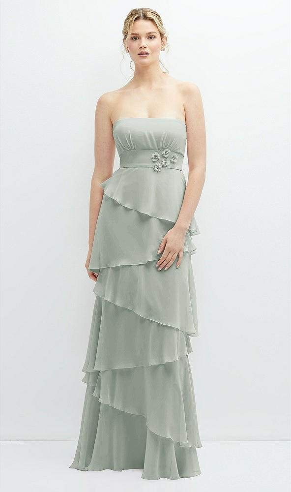 Front View - Willow Green Strapless Asymmetrical Tiered Ruffle Chiffon Maxi Dress with Handworked Flower Detail