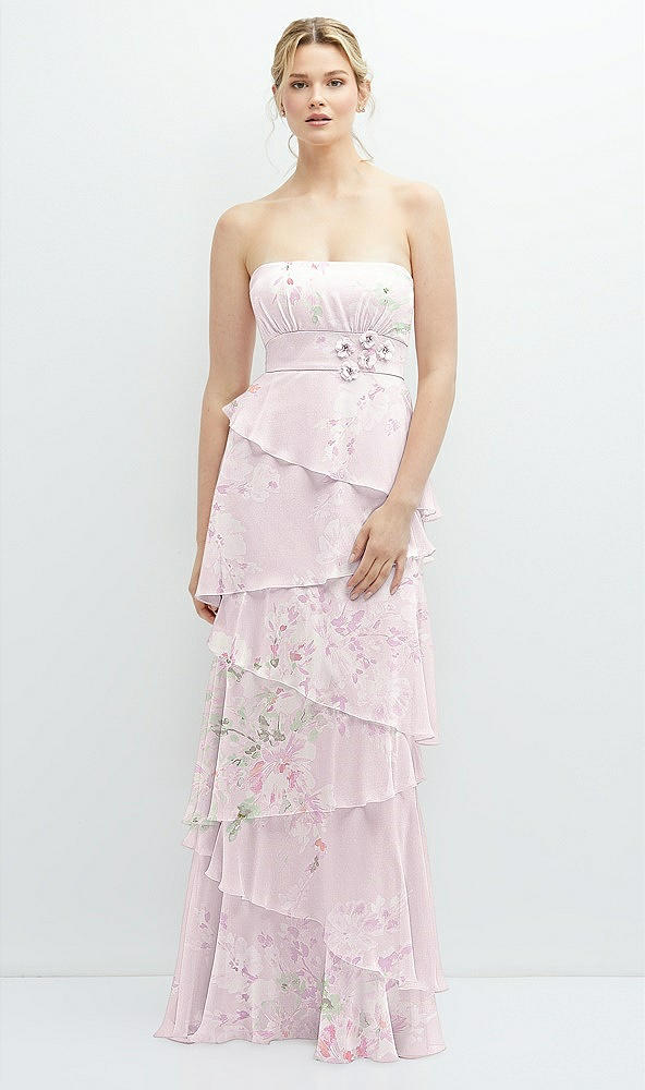 Front View - Watercolor Print Strapless Asymmetrical Tiered Ruffle Chiffon Maxi Dress with Handworked Flower Detail