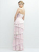 Rear View Thumbnail - Watercolor Print Strapless Asymmetrical Tiered Ruffle Chiffon Maxi Dress with Handworked Flower Detail