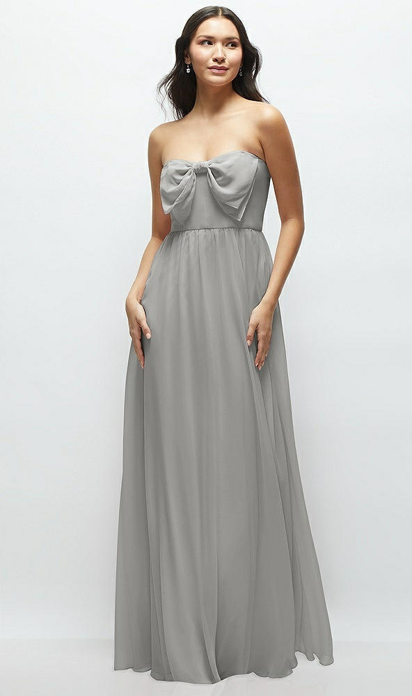 Front View - Chelsea Gray Strapless Chiffon Maxi Dress with Oversized Bow Bodice