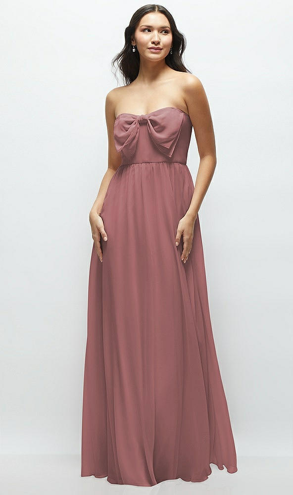 Front View - Rosewood Strapless Chiffon Maxi Dress with Oversized Bow Bodice