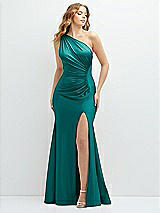 Front View Thumbnail - Peacock Teal Asymmetrical Open-Back One-Shoulder Stretch Satin Mermaid Dress