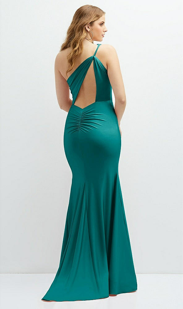 Back View - Peacock Teal Asymmetrical Open-Back One-Shoulder Stretch Satin Mermaid Dress