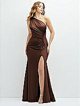 Front View Thumbnail - Cognac Asymmetrical Open-Back One-Shoulder Stretch Satin Mermaid Dress