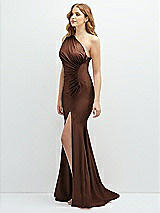 Side View Thumbnail - Cognac Asymmetrical Open-Back One-Shoulder Stretch Satin Mermaid Dress