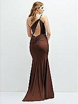 Rear View Thumbnail - Cognac Asymmetrical Open-Back One-Shoulder Stretch Satin Mermaid Dress