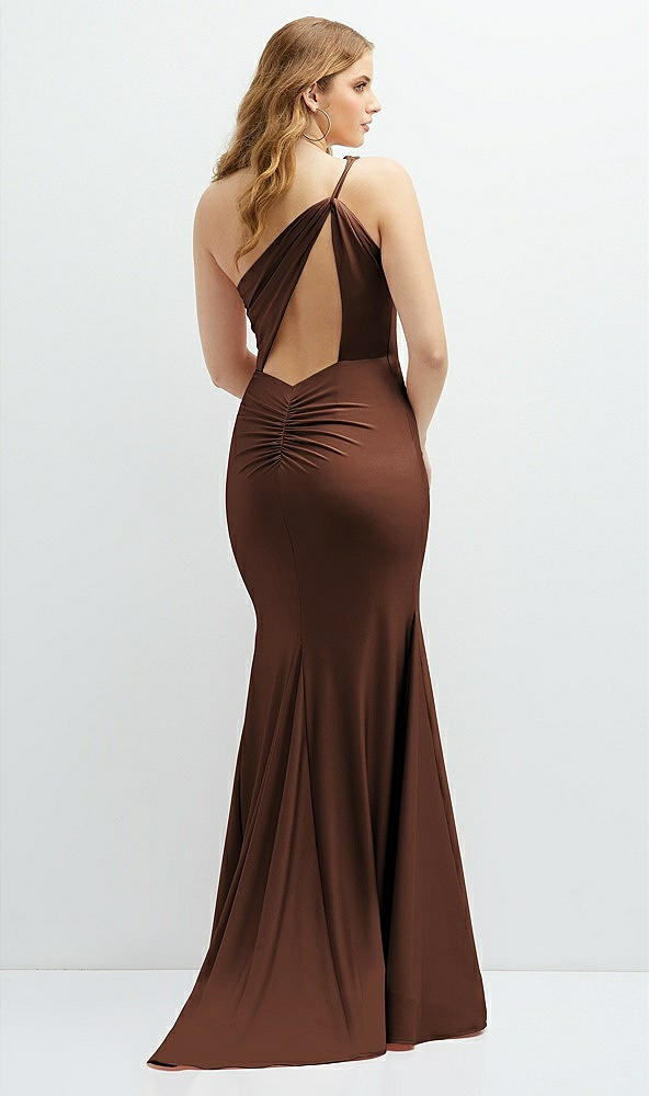 Back View - Cognac Asymmetrical Open-Back One-Shoulder Stretch Satin Mermaid Dress