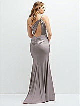 Rear View Thumbnail - Cashmere Gray Asymmetrical Open-Back One-Shoulder Stretch Satin Mermaid Dress