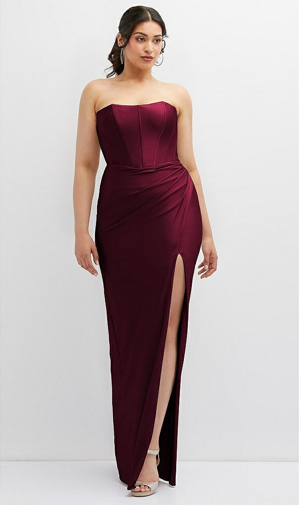 Front View - Cabernet Strapless Stretch Satin Corset Dress with Draped Column Skirt