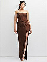Front View Thumbnail - Cognac Strapless Stretch Satin Corset Dress with Draped Column Skirt