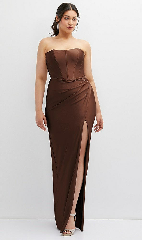 Front View - Cognac Strapless Stretch Satin Corset Dress with Draped Column Skirt