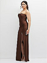 Side View Thumbnail - Cognac Strapless Stretch Satin Corset Dress with Draped Column Skirt