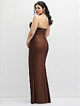 Rear View Thumbnail - Cognac Strapless Stretch Satin Corset Dress with Draped Column Skirt