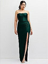 Front View Thumbnail - Evergreen Strapless Stretch Satin Corset Dress with Draped Column Skirt