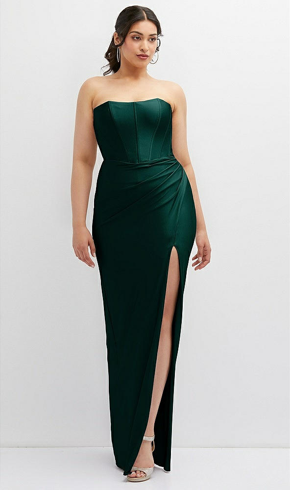 Front View - Evergreen Strapless Stretch Satin Corset Dress with Draped Column Skirt