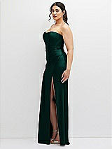 Side View Thumbnail - Evergreen Strapless Stretch Satin Corset Dress with Draped Column Skirt