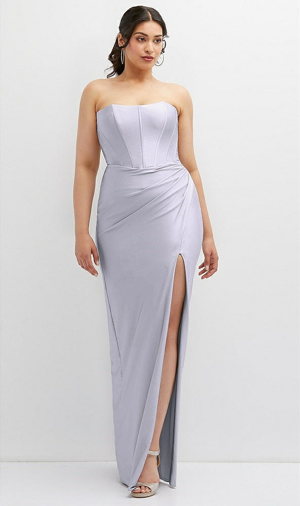 Front View - Silver Dove Strapless Stretch Satin Corset Dress with Draped Column Skirt