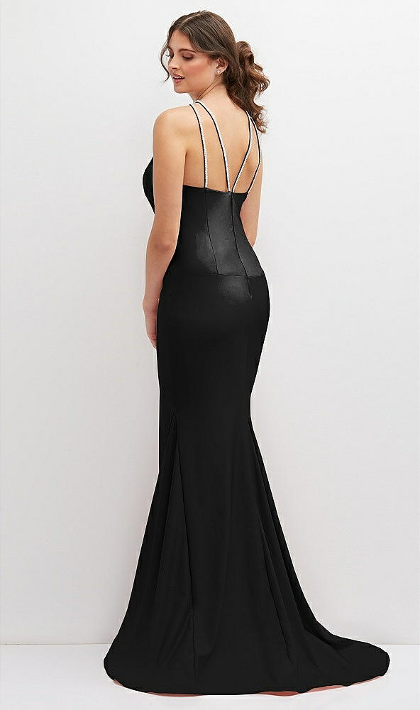 Back View - Black Halter Asymmetrical Draped Stretch Satin Mermaid Dress with Rhinestone Straps