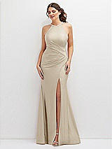 Front View Thumbnail - Champagne Halter Asymmetrical Draped Stretch Satin Mermaid Dress with Rhinestone Straps
