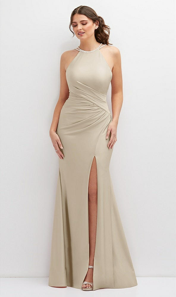 Front View - Champagne Halter Asymmetrical Draped Stretch Satin Mermaid Dress with Rhinestone Straps