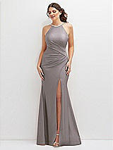 Front View Thumbnail - Cashmere Gray Halter Asymmetrical Draped Stretch Satin Mermaid Dress with Rhinestone Straps