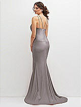 Rear View Thumbnail - Cashmere Gray Halter Asymmetrical Draped Stretch Satin Mermaid Dress with Rhinestone Straps
