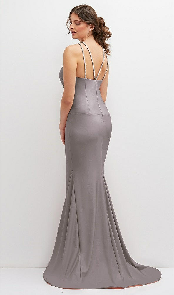 Back View - Cashmere Gray Halter Asymmetrical Draped Stretch Satin Mermaid Dress with Rhinestone Straps