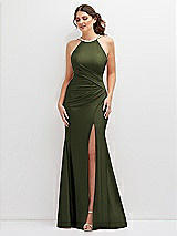 Front View Thumbnail - Olive Green Halter Asymmetrical Draped Stretch Satin Mermaid Dress with Rhinestone Straps