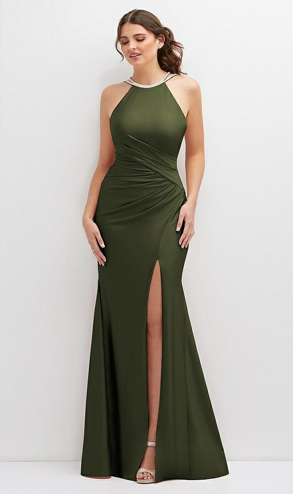 Front View - Olive Green Halter Asymmetrical Draped Stretch Satin Mermaid Dress with Rhinestone Straps