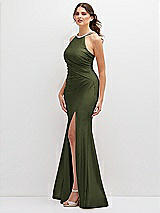 Side View Thumbnail - Olive Green Halter Asymmetrical Draped Stretch Satin Mermaid Dress with Rhinestone Straps