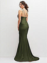 Rear View Thumbnail - Olive Green Halter Asymmetrical Draped Stretch Satin Mermaid Dress with Rhinestone Straps