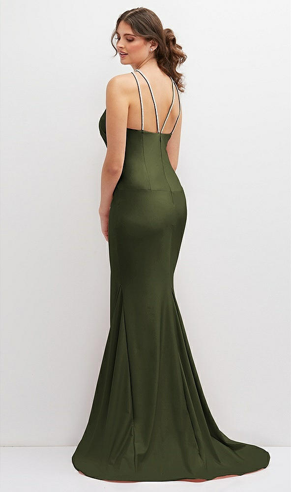 Back View - Olive Green Halter Asymmetrical Draped Stretch Satin Mermaid Dress with Rhinestone Straps
