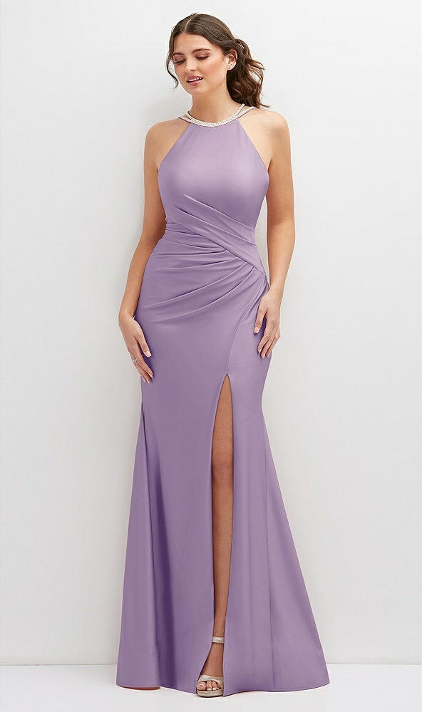 Front View - Pale Purple Halter Asymmetrical Draped Stretch Satin Mermaid Dress with Rhinestone Straps