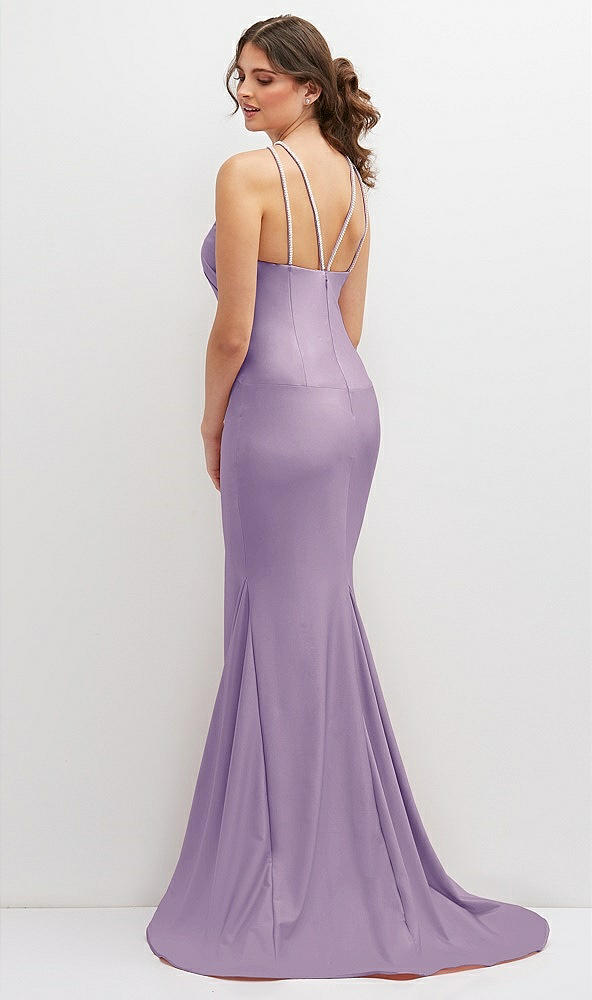 Back View - Pale Purple Halter Asymmetrical Draped Stretch Satin Mermaid Dress with Rhinestone Straps