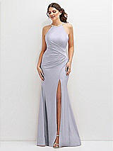 Front View Thumbnail - Silver Dove Halter Asymmetrical Draped Stretch Satin Mermaid Dress with Rhinestone Straps