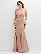 Front View Thumbnail - Toasted Sugar Halter Asymmetrical Draped Stretch Satin Mermaid Dress with Rhinestone Straps