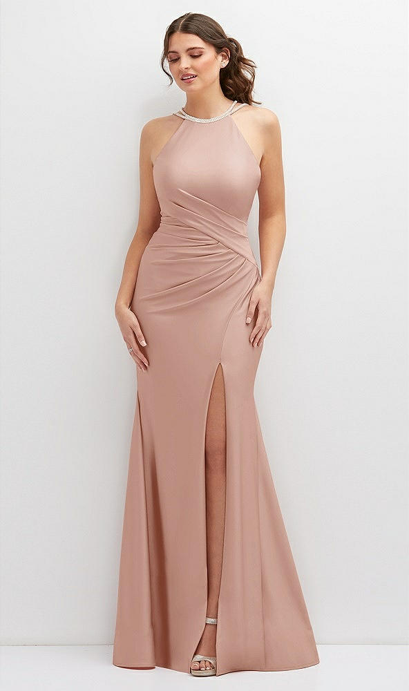 Front View - Toasted Sugar Halter Asymmetrical Draped Stretch Satin Mermaid Dress with Rhinestone Straps