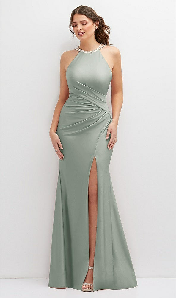 Front View - Willow Green Halter Asymmetrical Draped Stretch Satin Mermaid Dress with Rhinestone Straps