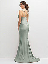 Rear View Thumbnail - Willow Green Halter Asymmetrical Draped Stretch Satin Mermaid Dress with Rhinestone Straps