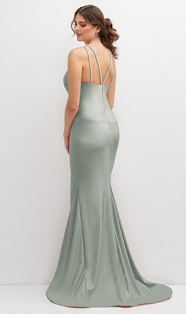Back View - Willow Green Halter Asymmetrical Draped Stretch Satin Mermaid Dress with Rhinestone Straps