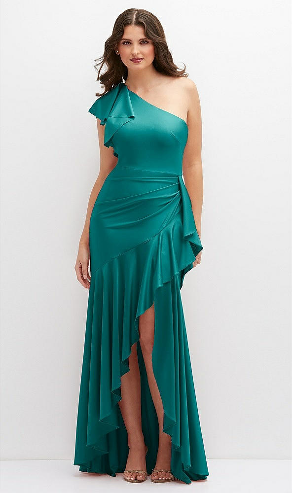 Front View - Peacock Teal One-Shoulder Stretch Satin Mermaid Dress with Cascade Ruffle Flamenco Skirt