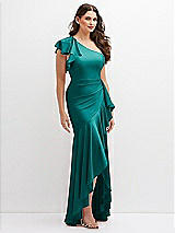 Side View Thumbnail - Peacock Teal One-Shoulder Stretch Satin Mermaid Dress with Cascade Ruffle Flamenco Skirt